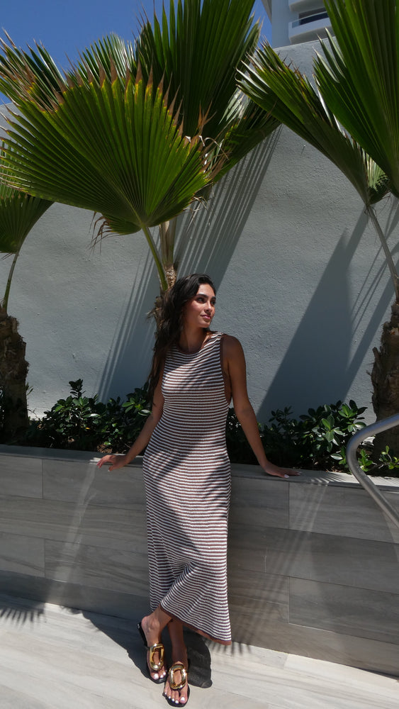 Taupe Striped Maxi Long Dress