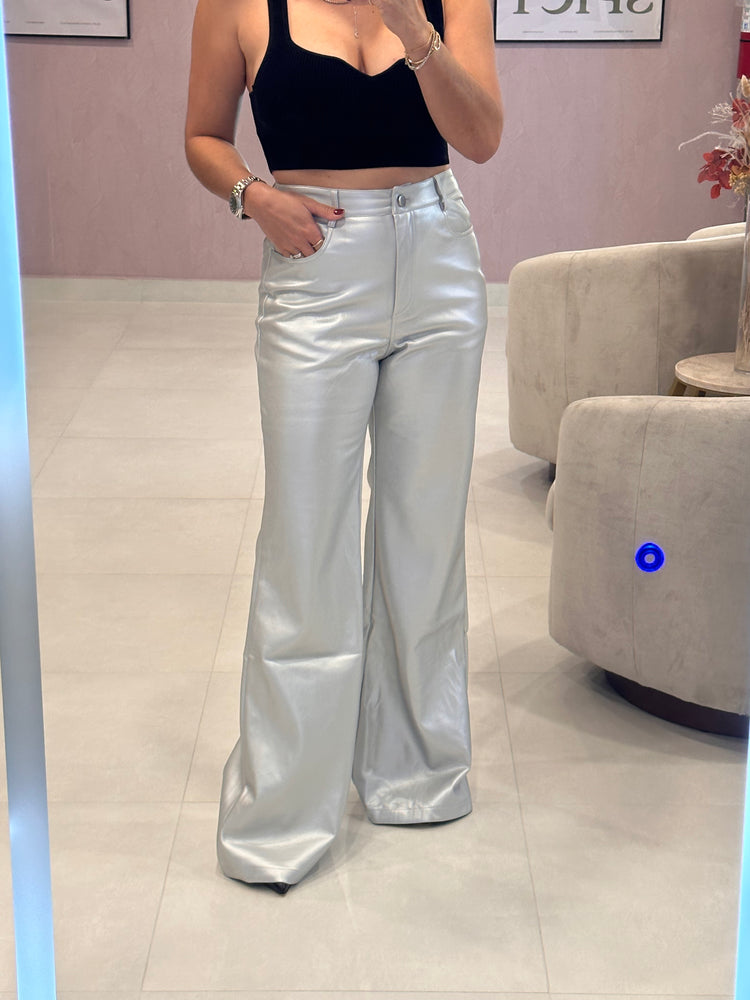 Silver Faux Leather Flared Pants