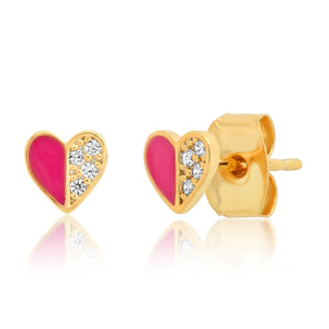 Pink Enamel Heart Post Earrings
