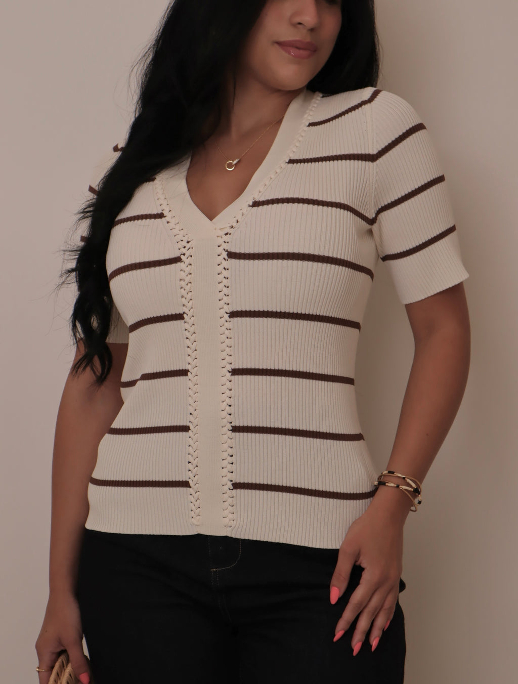 V-Neck Short Sleeve Fitted Ribbed Sweater Top
