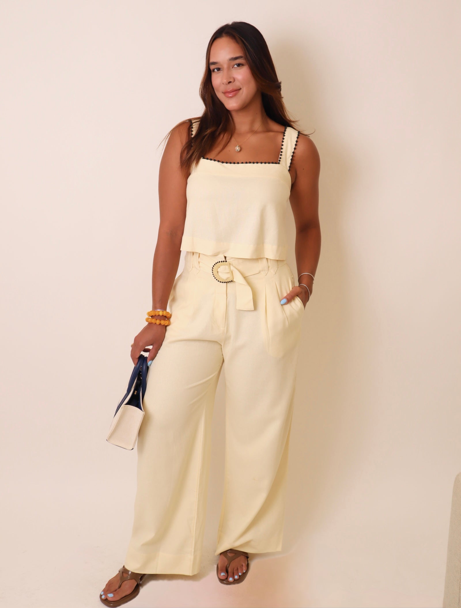 Beige Sleeveless Beading Linen Blouse