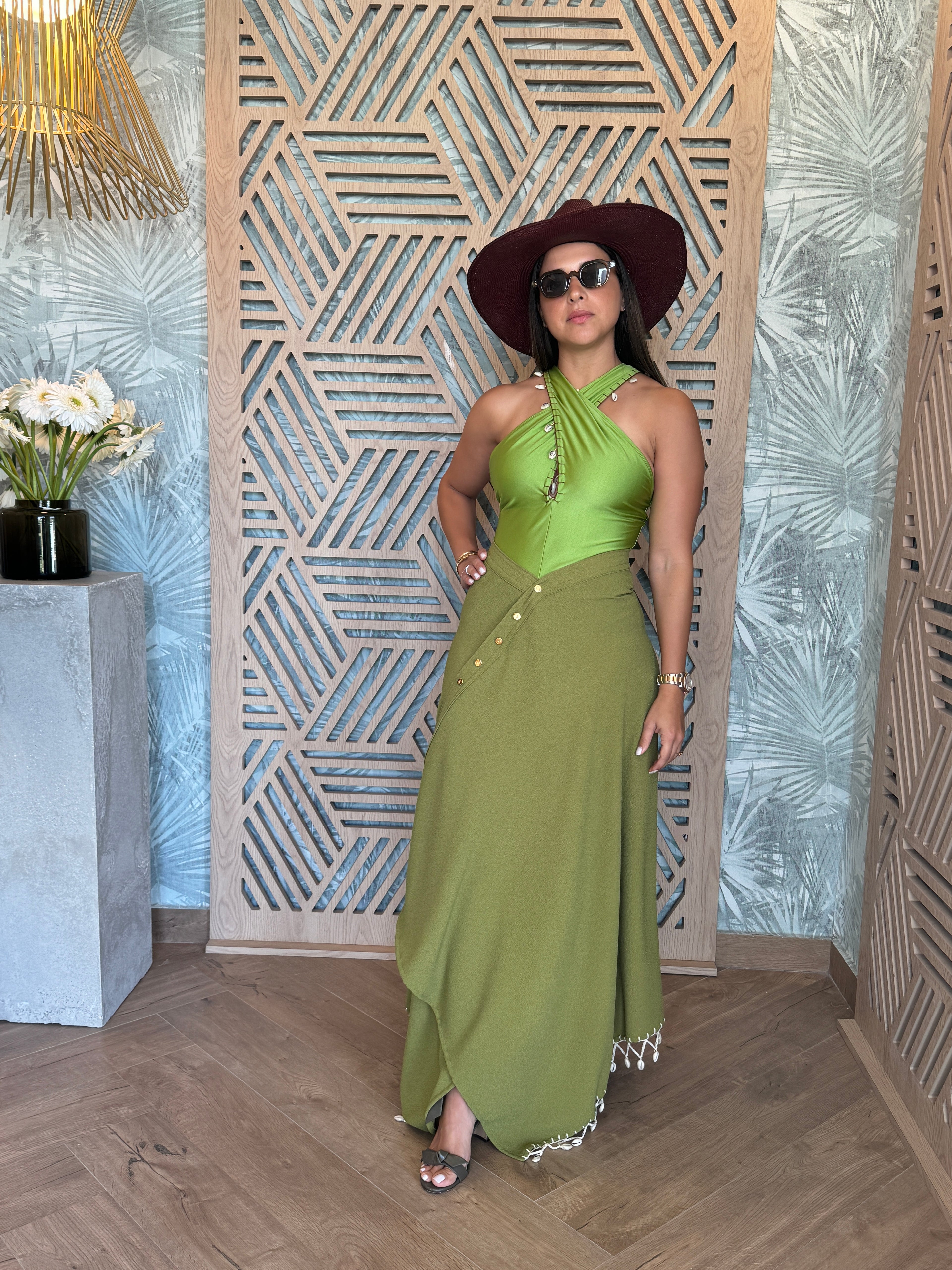 One Piece Green Criss Cross Halter