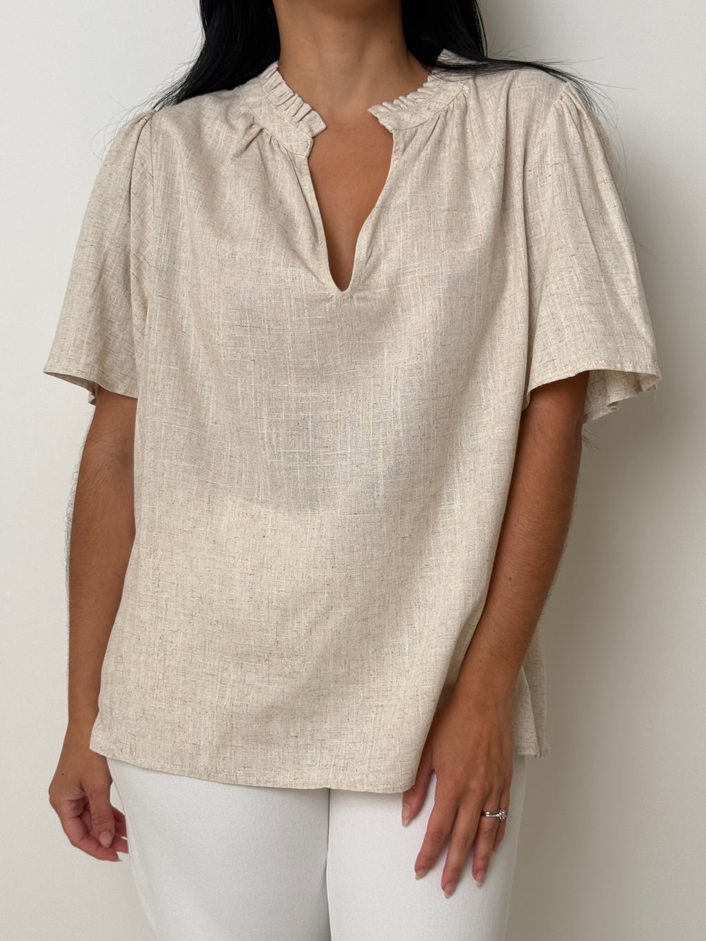 Cream Ruffle Neck Top