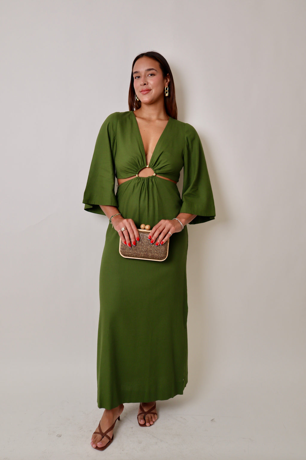 Green Cut-Out Linen Maxi Dress