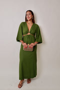 Green Cut-Out Linen Maxi Dress