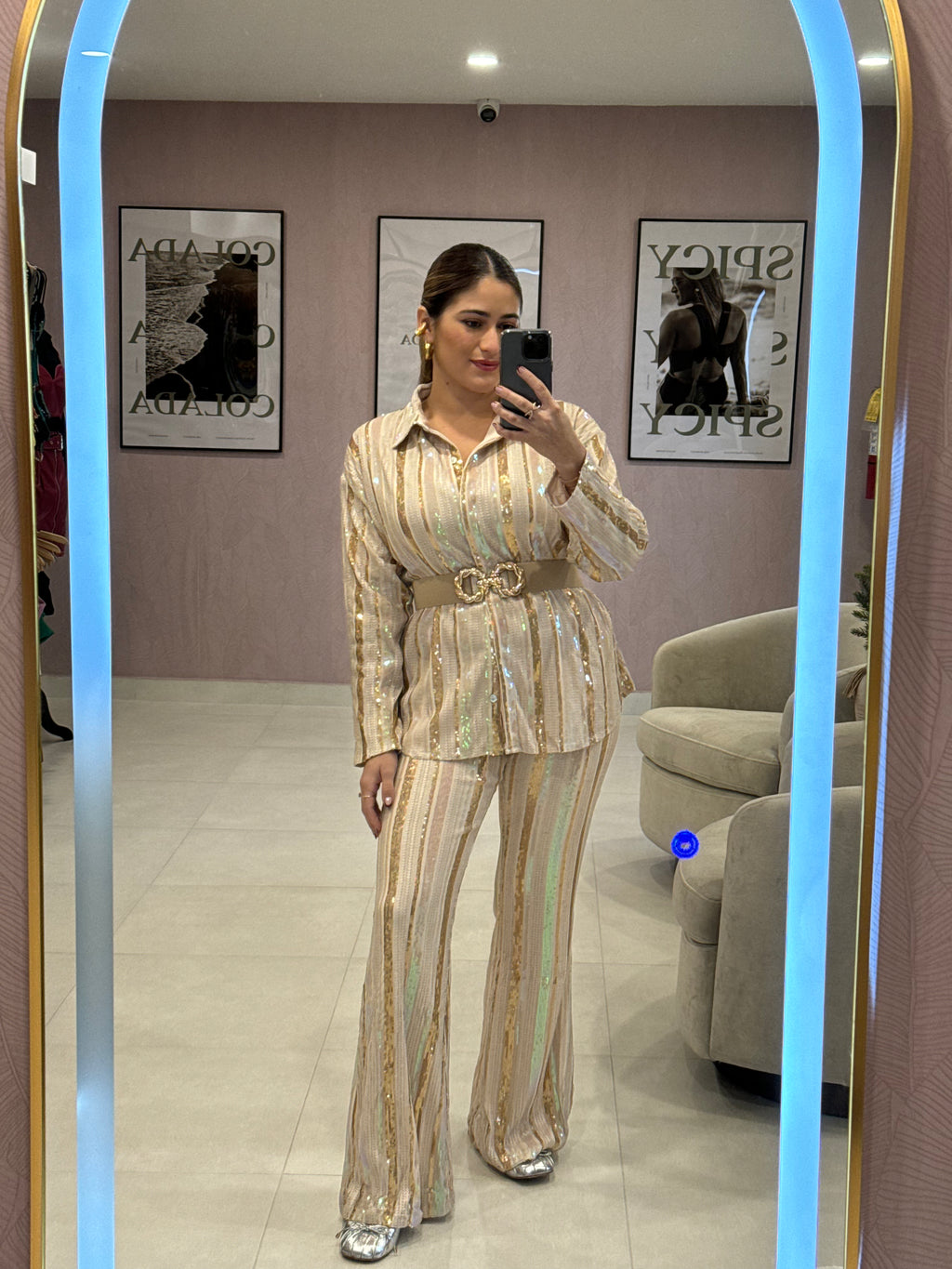 Neutral Stripes Sequins Set