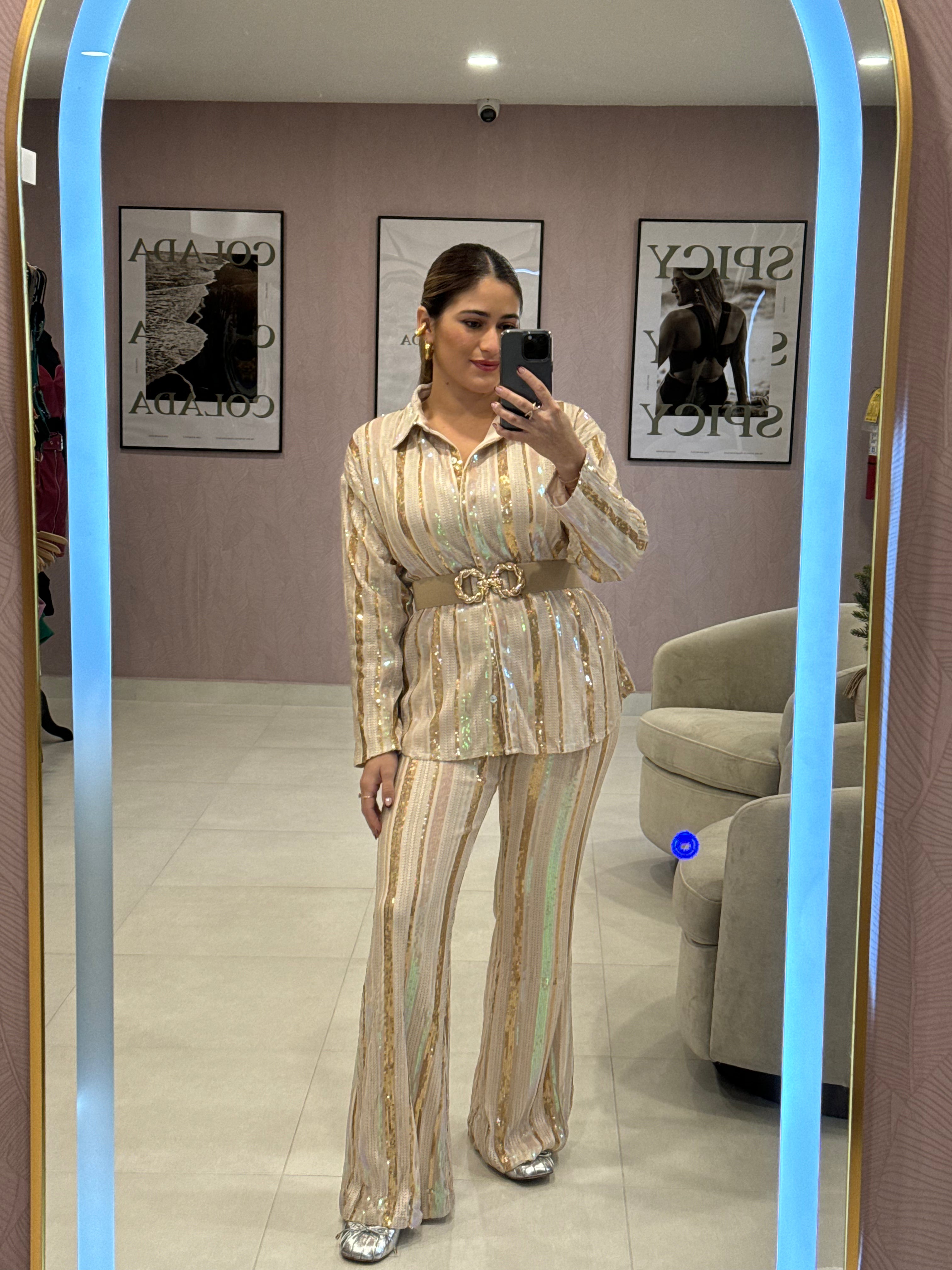 Neutral Stripes Sequins Set