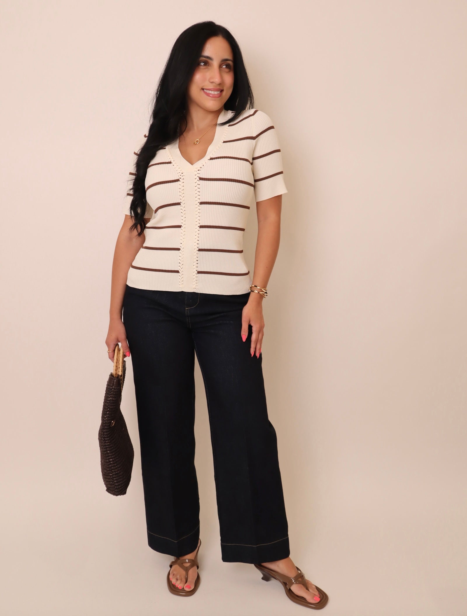 V-Neck Short Sleeve Fitted Ribbed Sweater Top