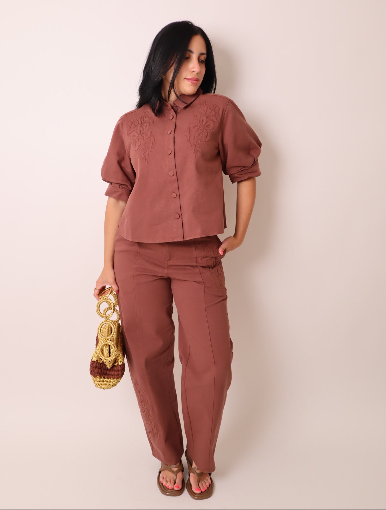 Embroidered Button Front Boxy Cropped Jacket