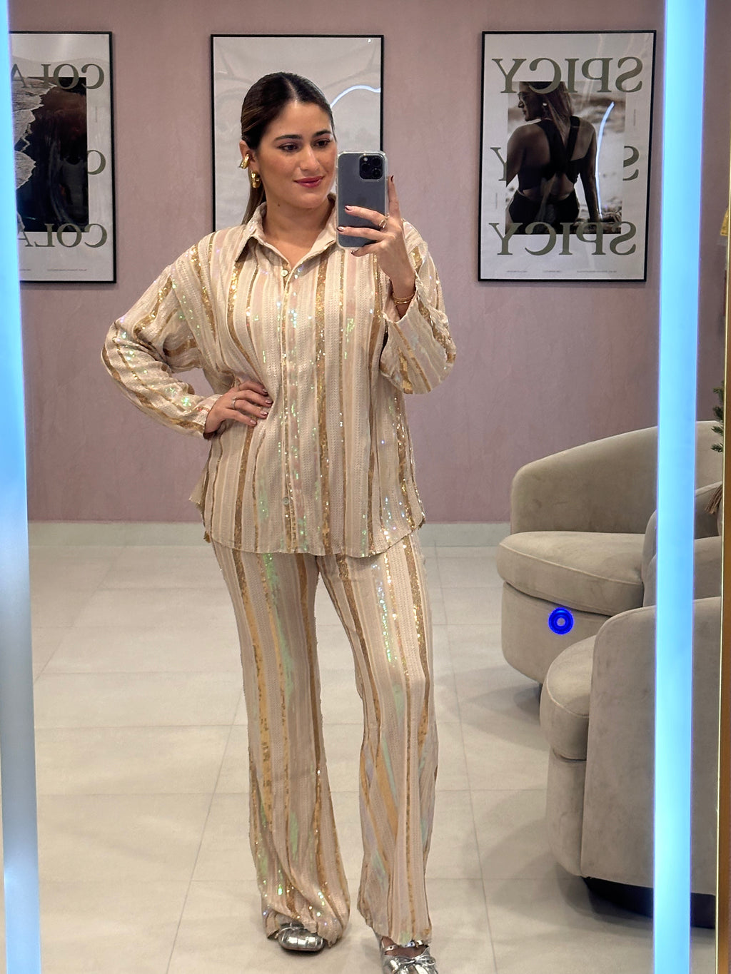 Neutral Stripes Sequins Set
