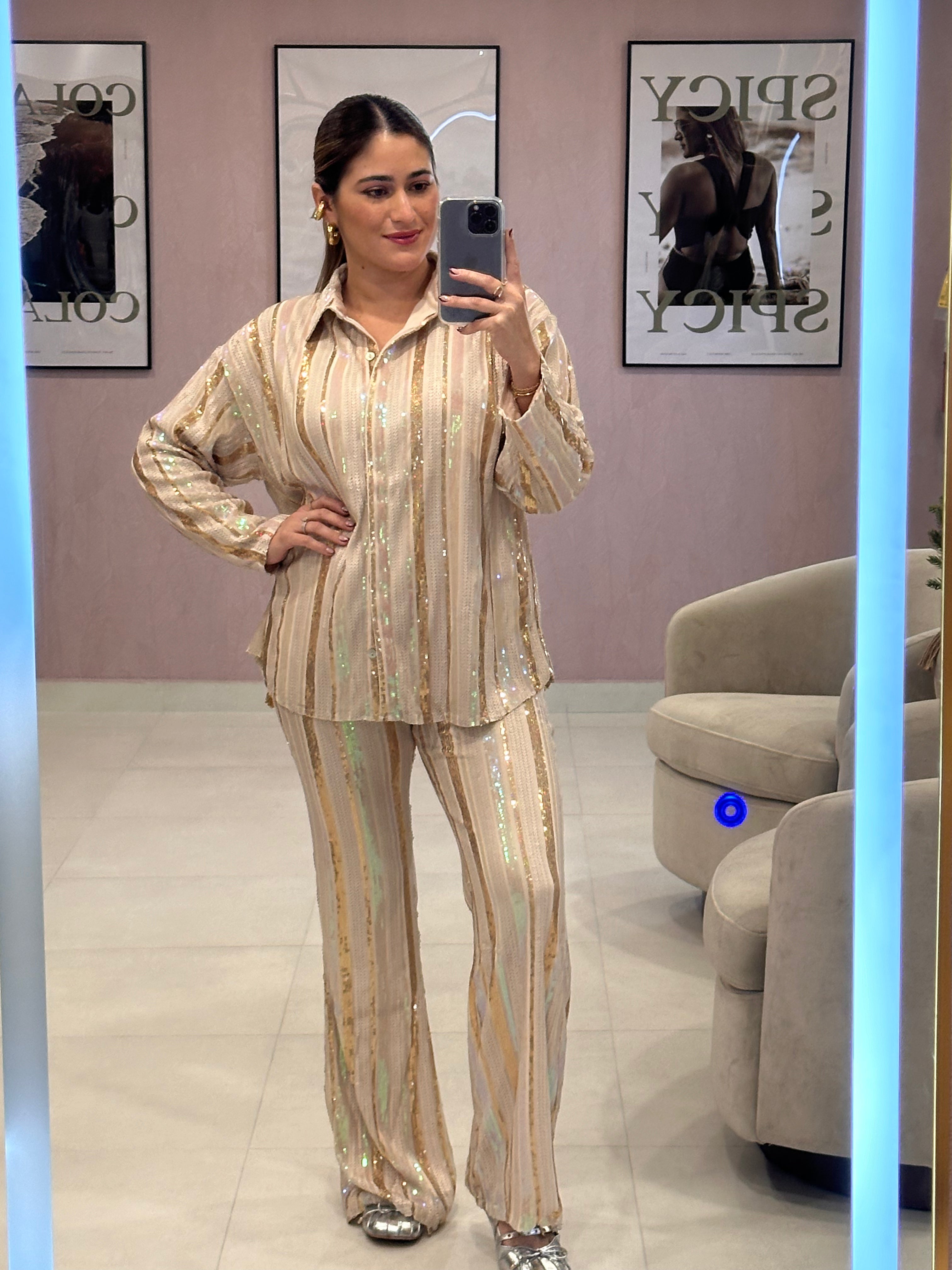 Neutral Stripes Sequins Set