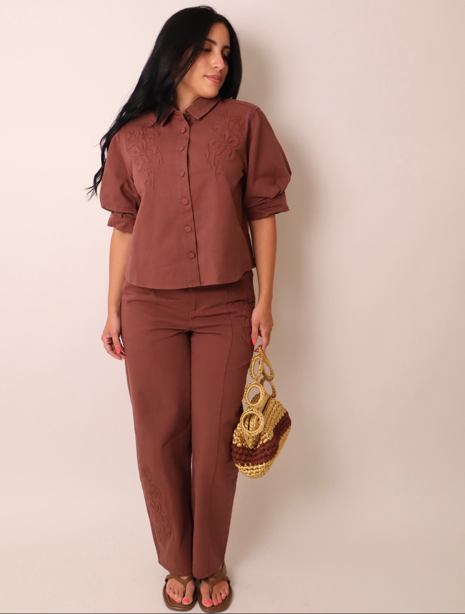 Embroidered High Rise Barrell Leg Pants