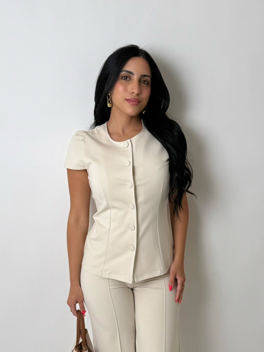 Ponte Round Neck Short Sleeve Button Up Slim Fit Top