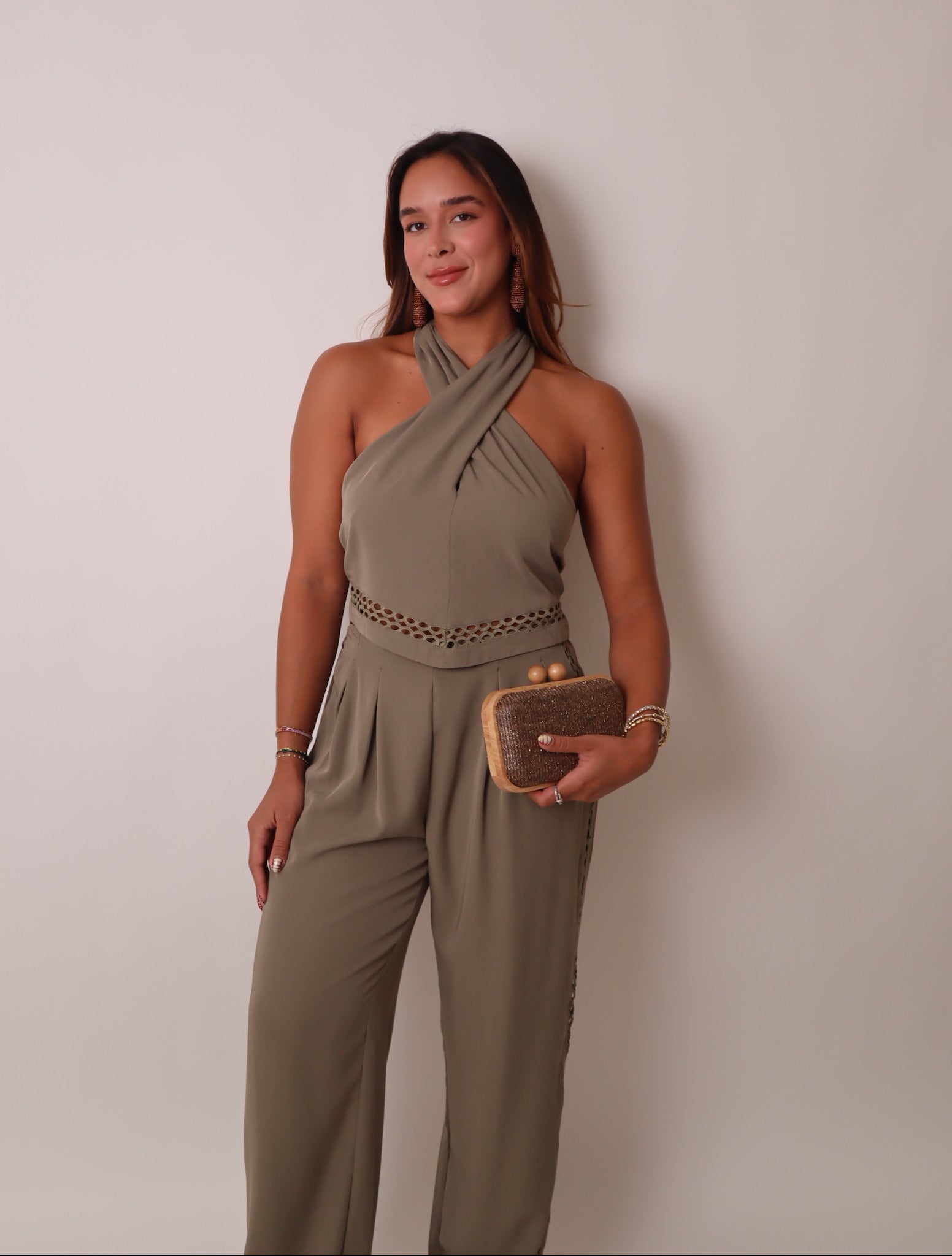 Tweed Bamboo Clutch Brown