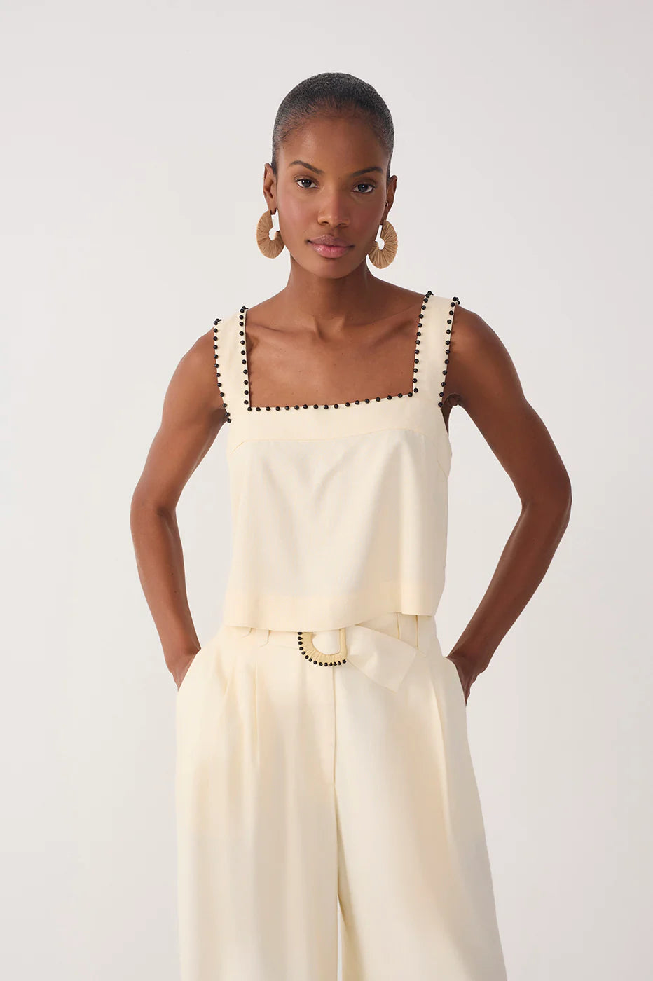 Beige Sleeveless Beading Linen Blouse