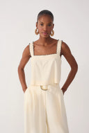 Beige Sleeveless Beading Linen Blouse