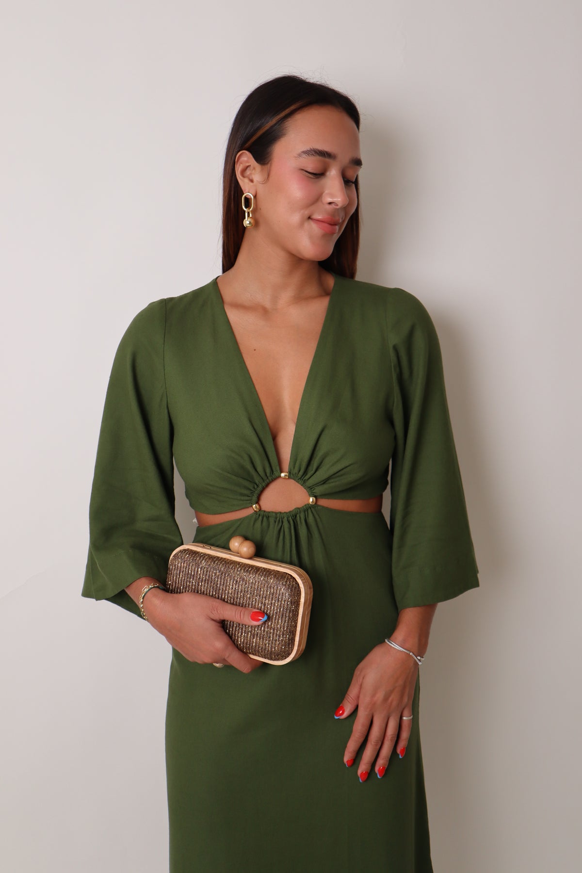 Green Cut-Out Linen Maxi Dress
