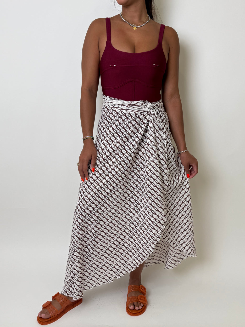 White and Burgundy Print Sarong