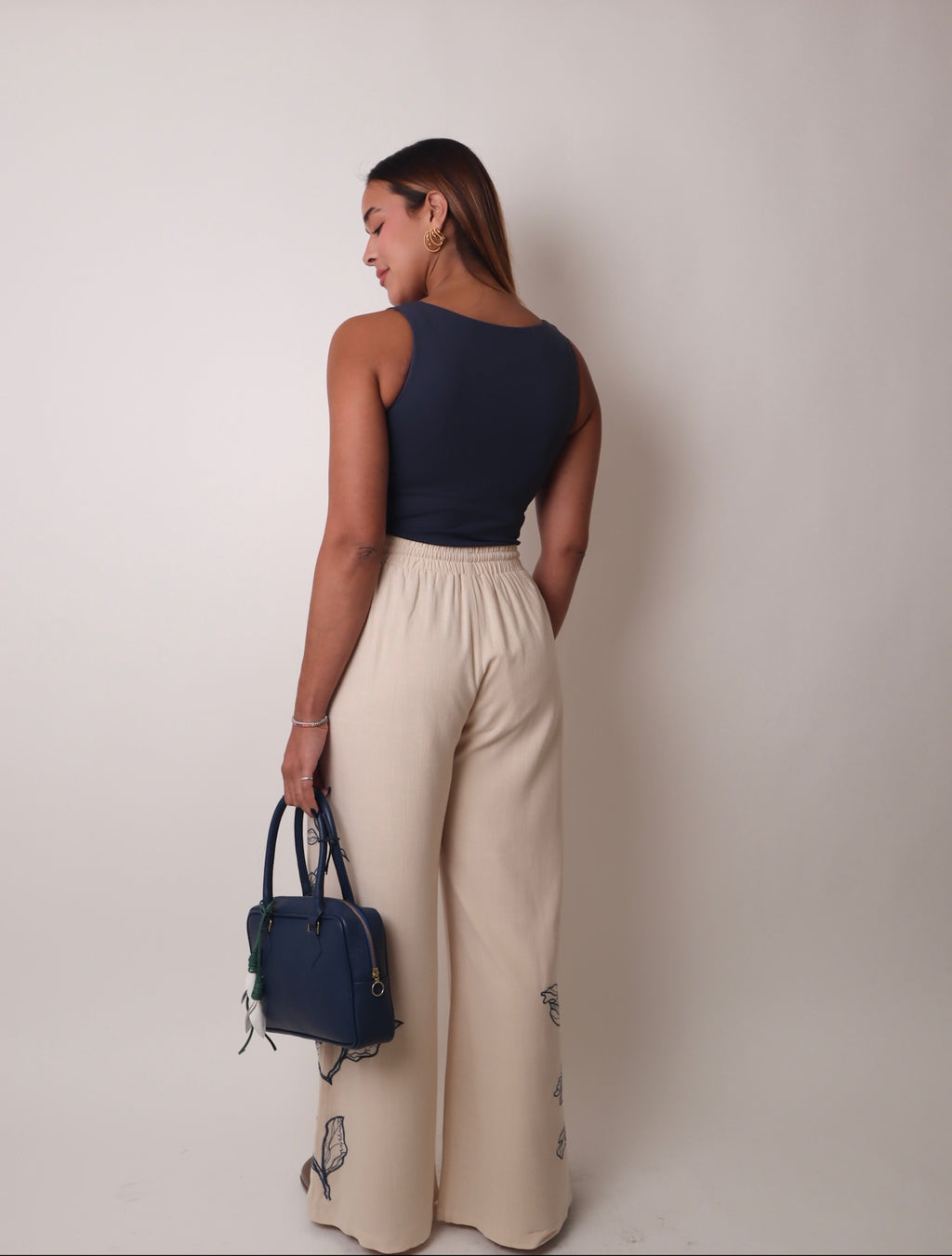 Wide Leg Pant with Floral Embroidery