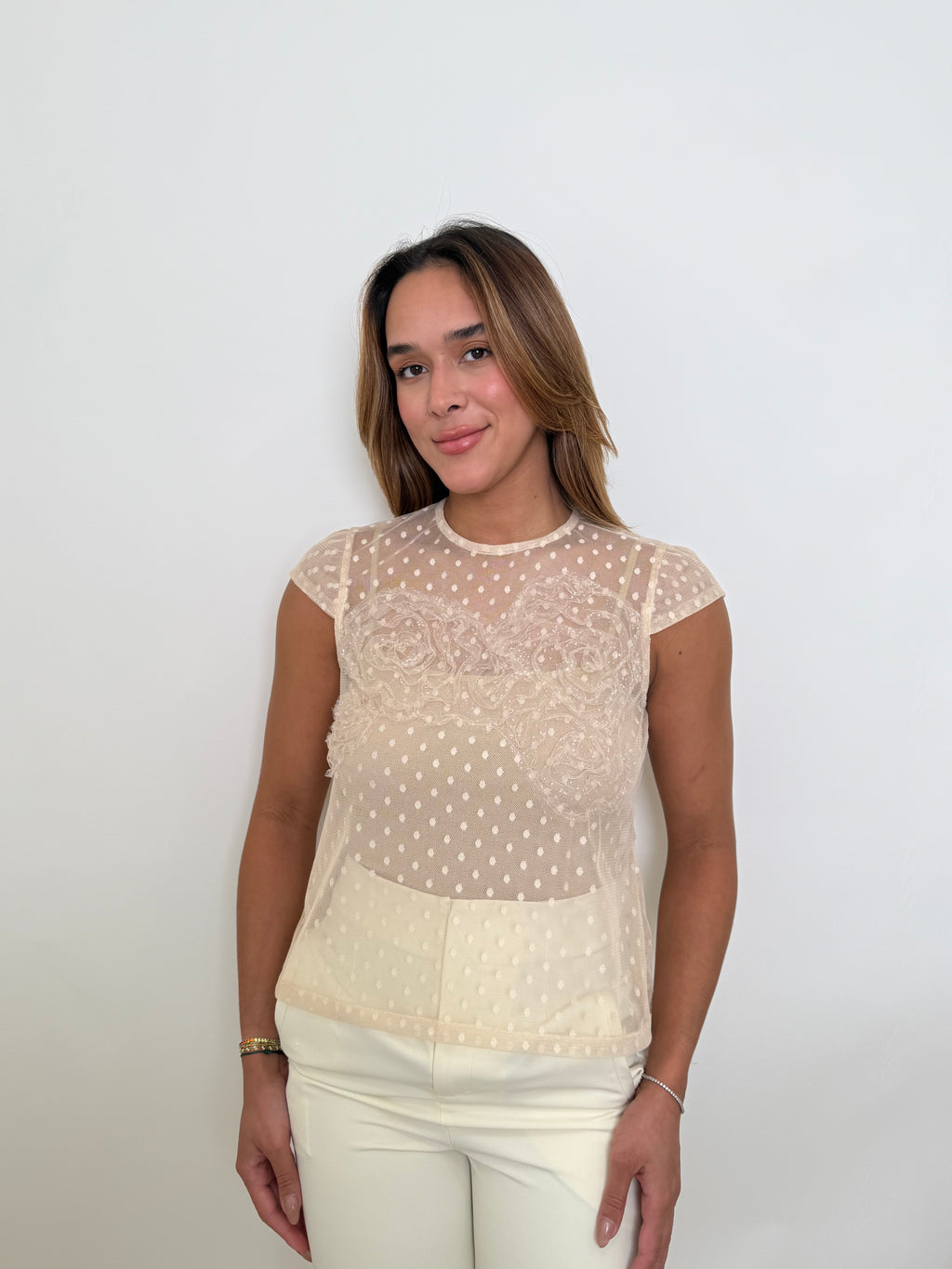 Polka Dot With Flower Detail Top