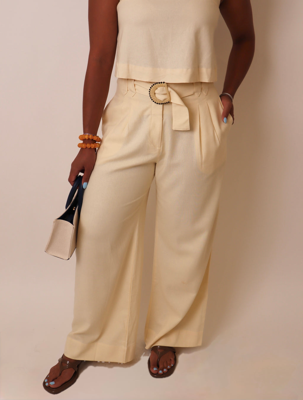 Beige Beaded Buckle Wide-Leg Line Pants