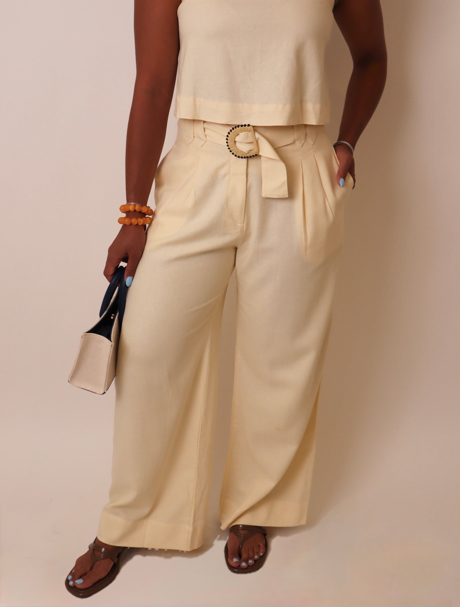 Beige Beaded Buckle Wide-Leg Line Pants