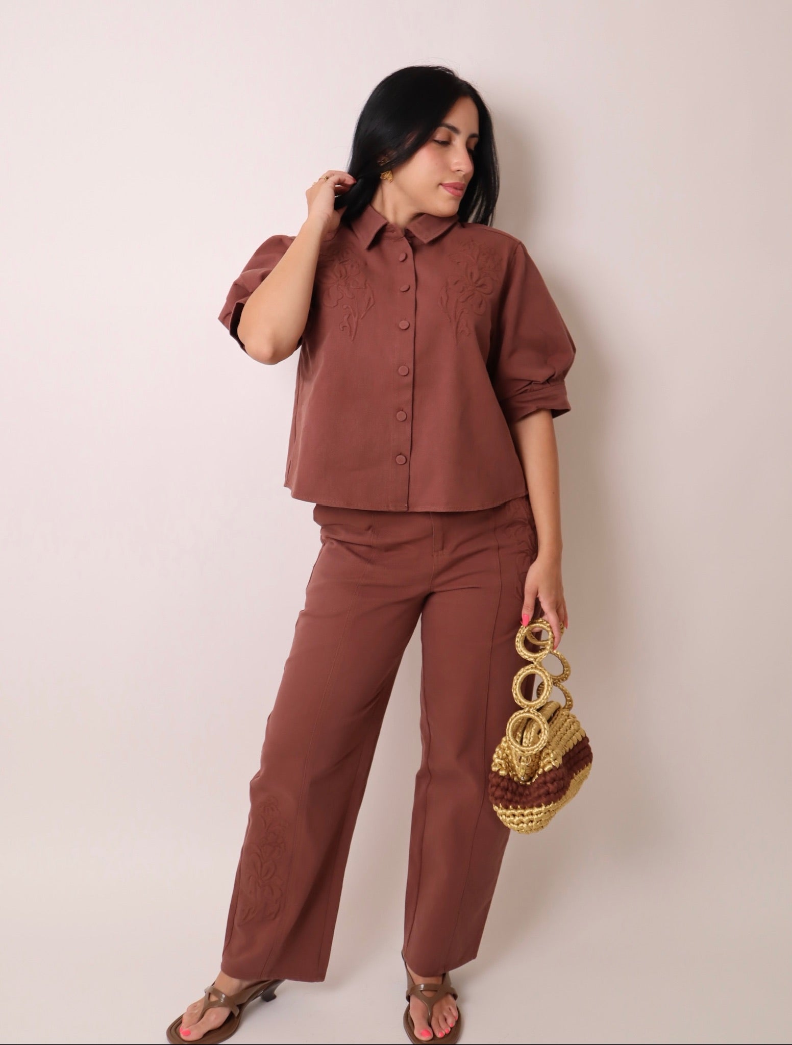 Embroidered Button Front Boxy Cropped Jacket