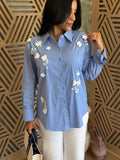 Flower Trim Striped Shirt