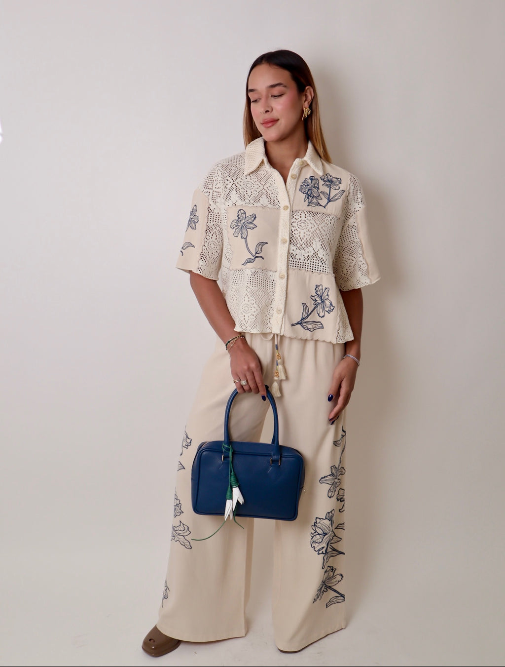 Wide Leg Pant with Floral Embroidery