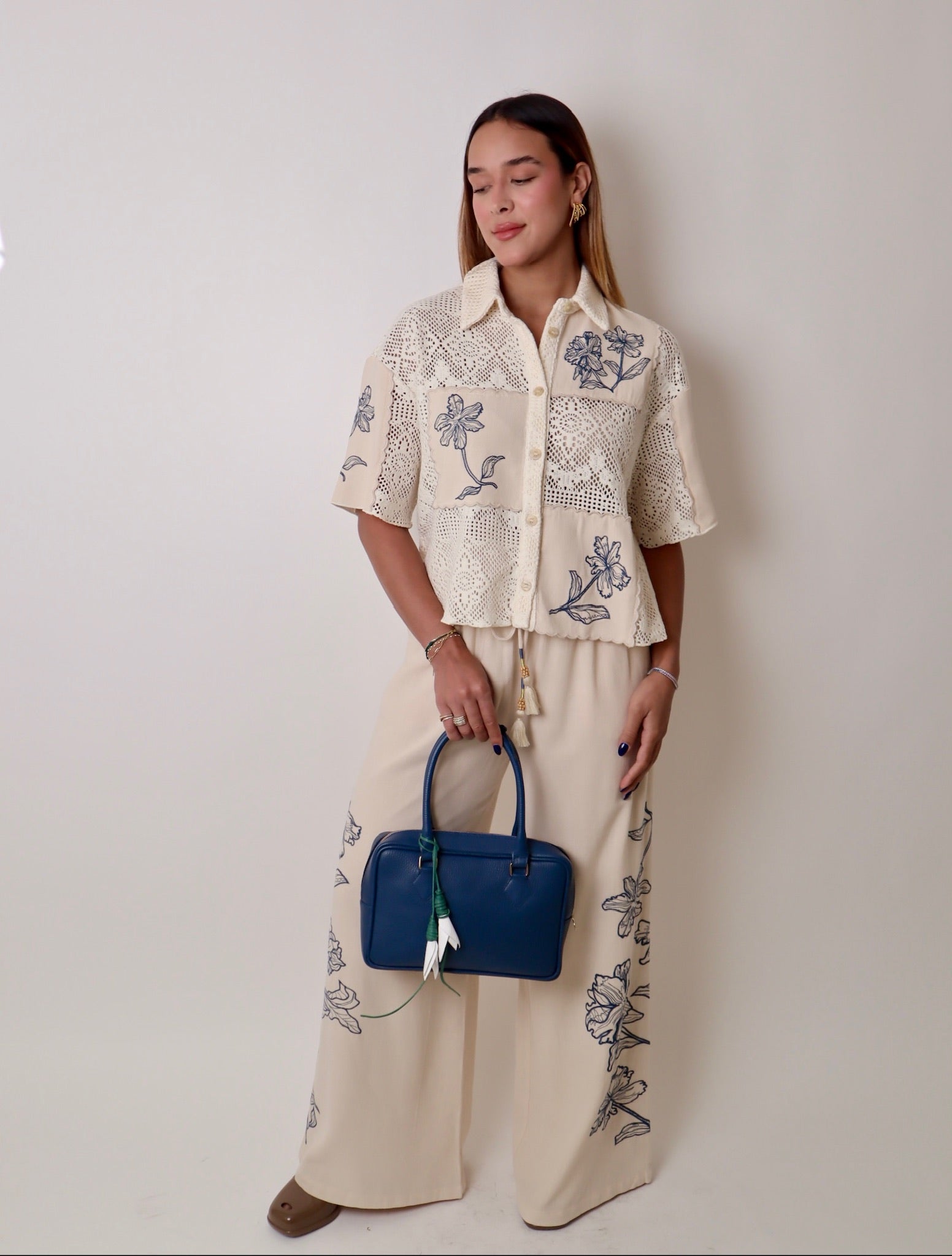 Wide Leg Pant with Floral Embroidery