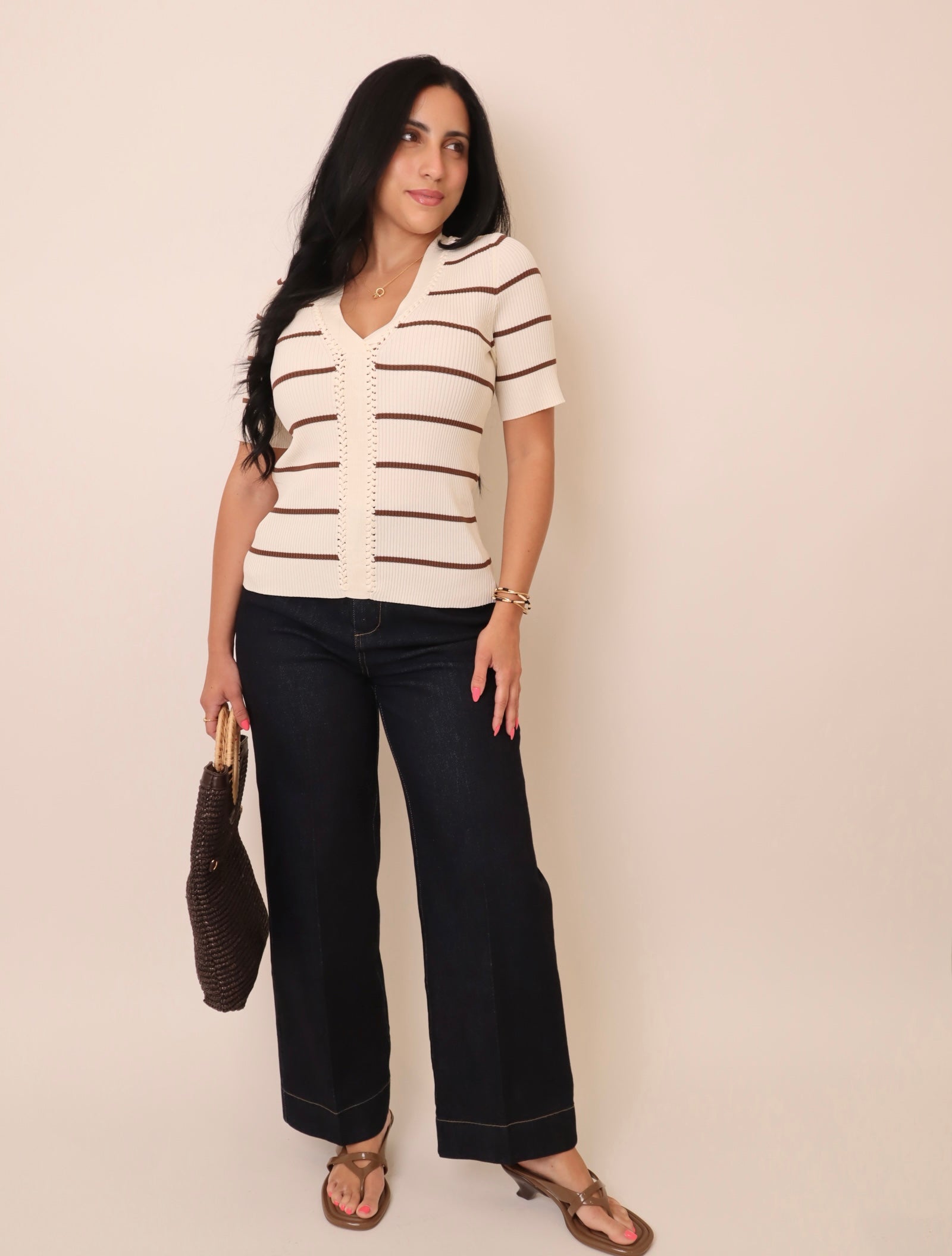 V-Neck Short Sleeve Fitted Ribbed Sweater Top