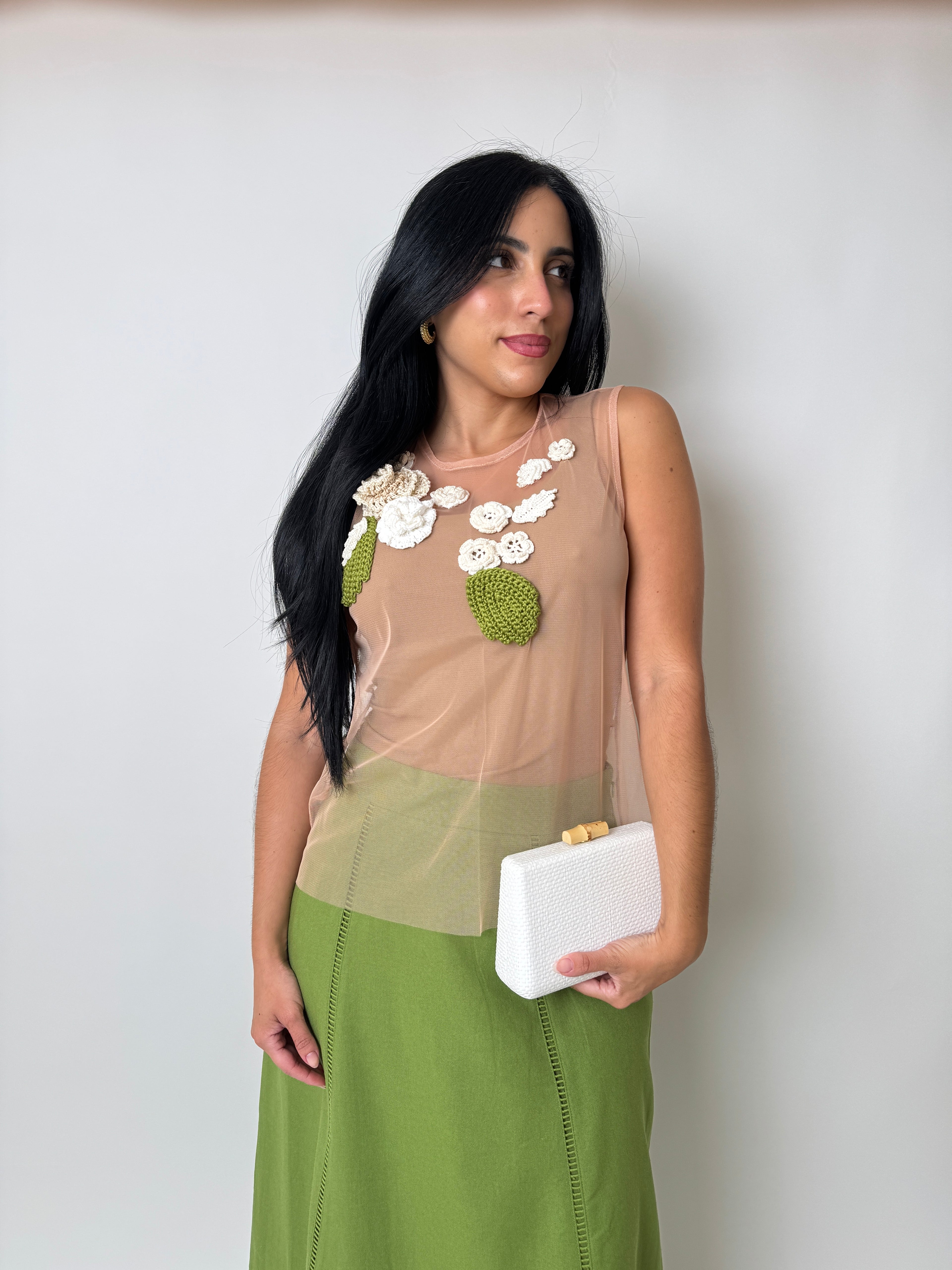 White Crochet Flowers Mesh Top