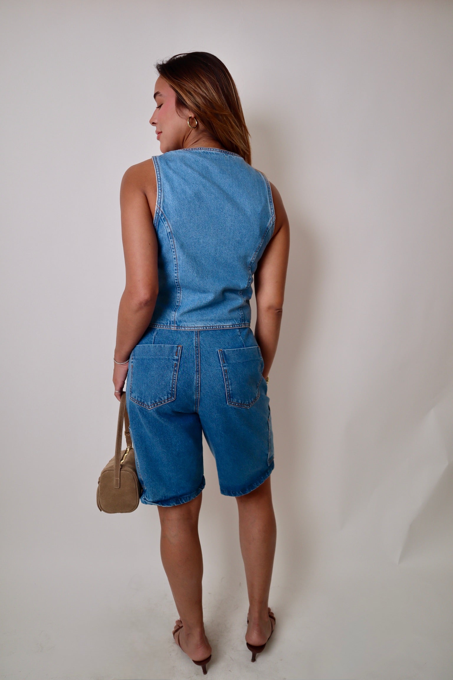 Denim V Neck Buttoned Sleeveless Vest