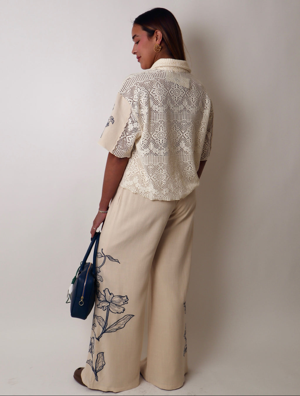 Wide Leg Pant with Floral Embroidery