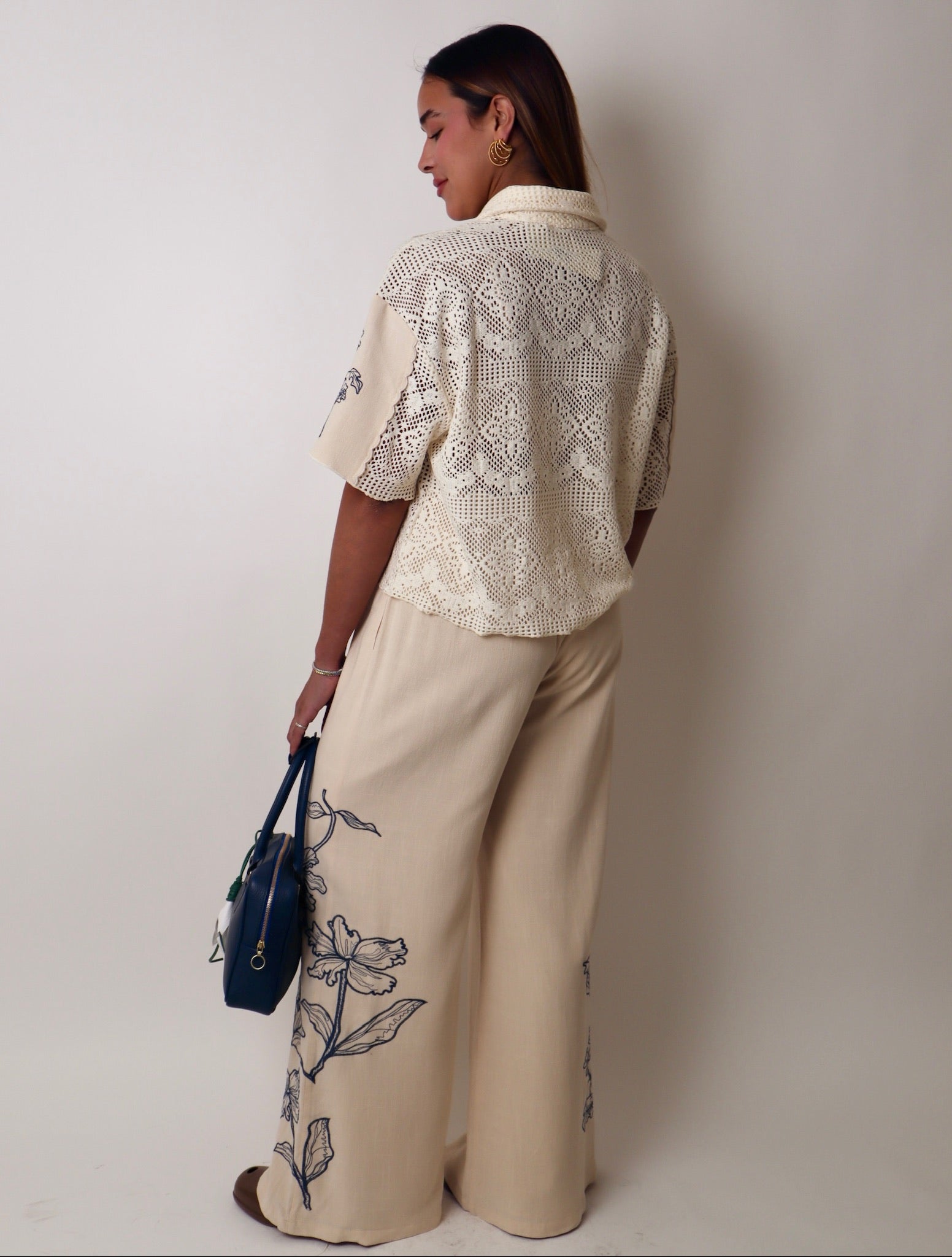Wide Leg Pant with Floral Embroidery