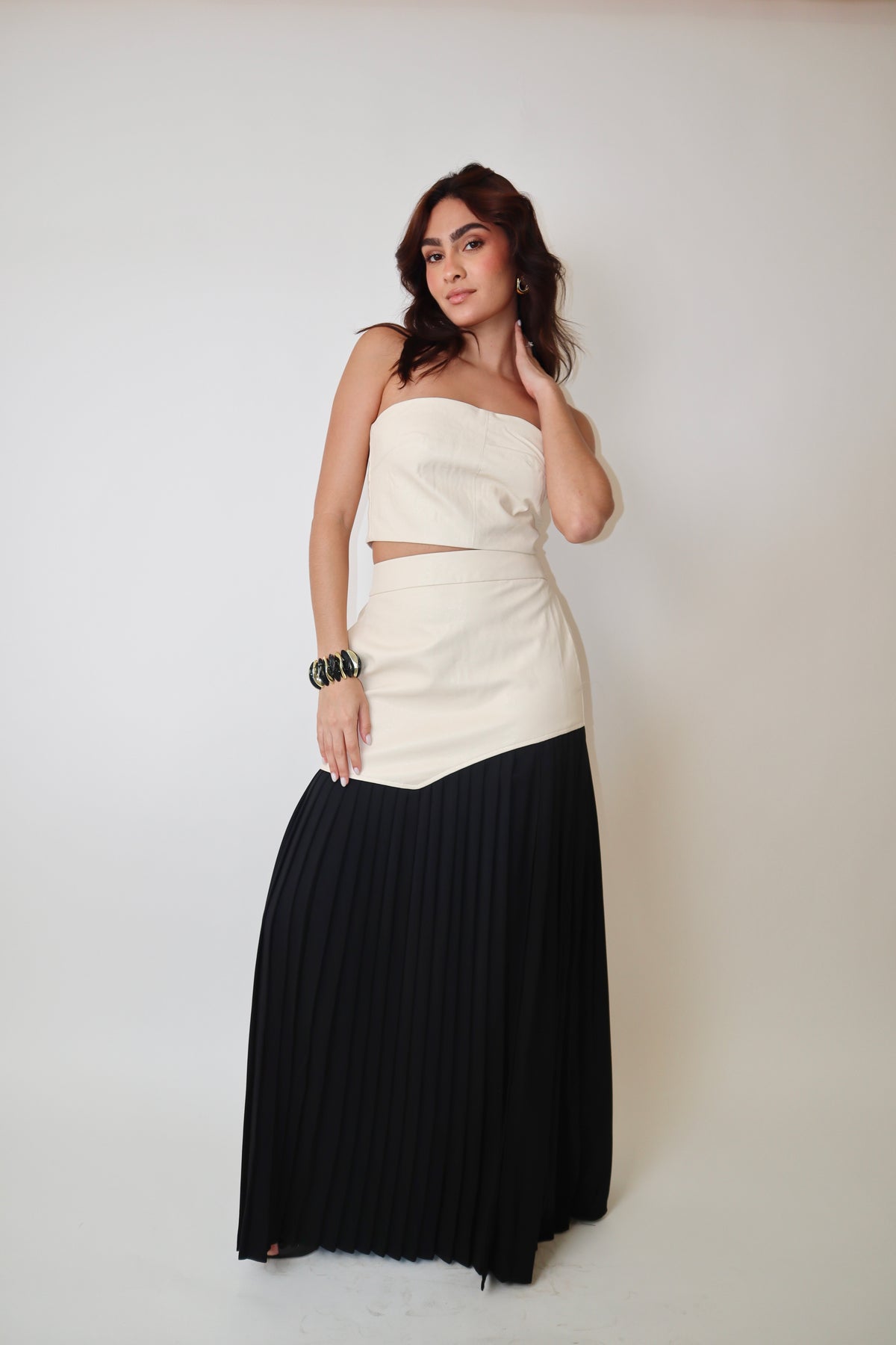 Faux Leather Top & Pleated Skirt Set