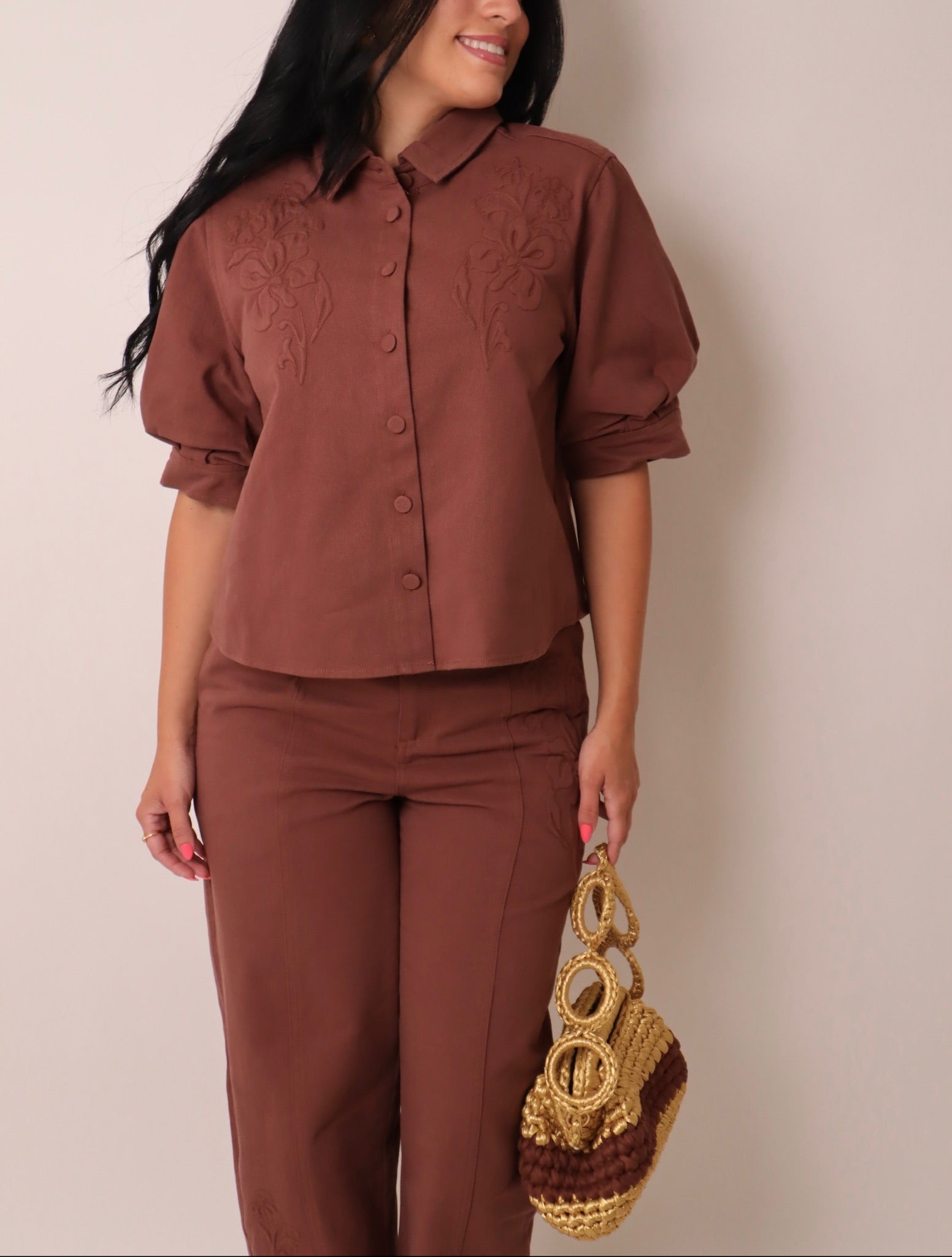 Embroidered Button Front Boxy Cropped Jacket