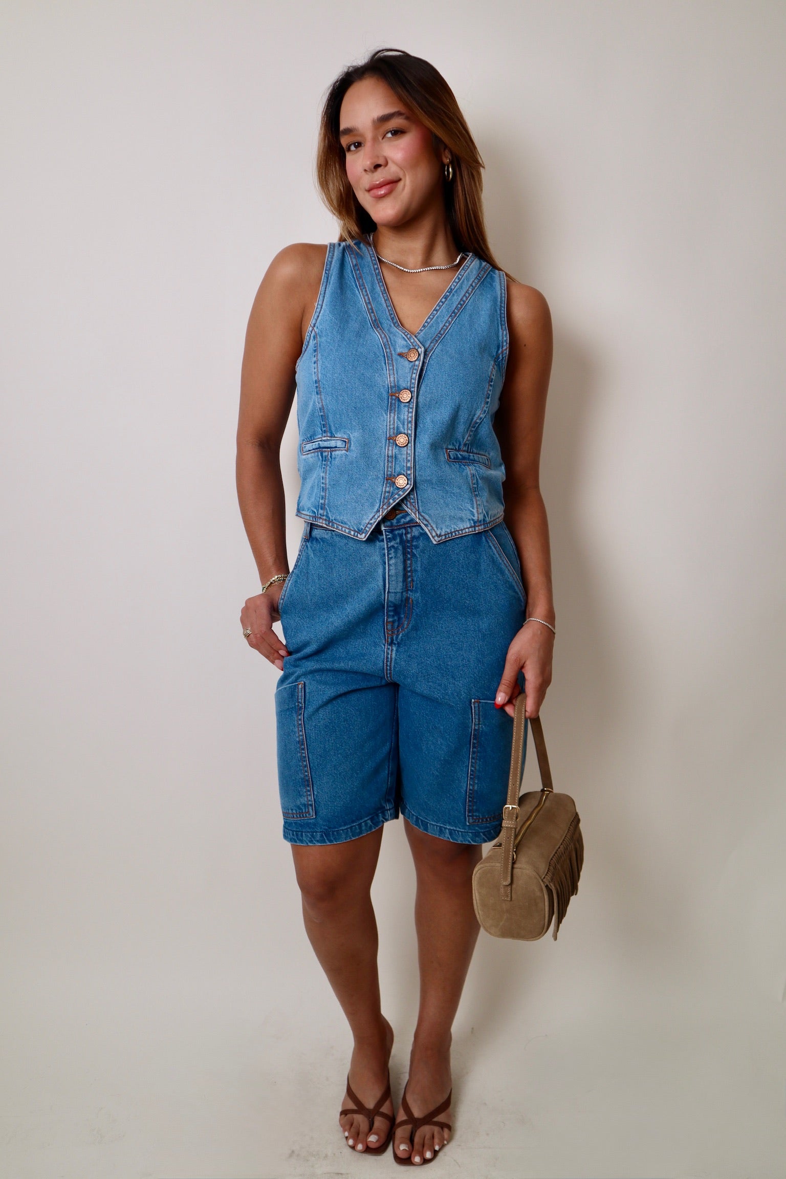 Denim V Neck Buttoned Sleeveless Vest