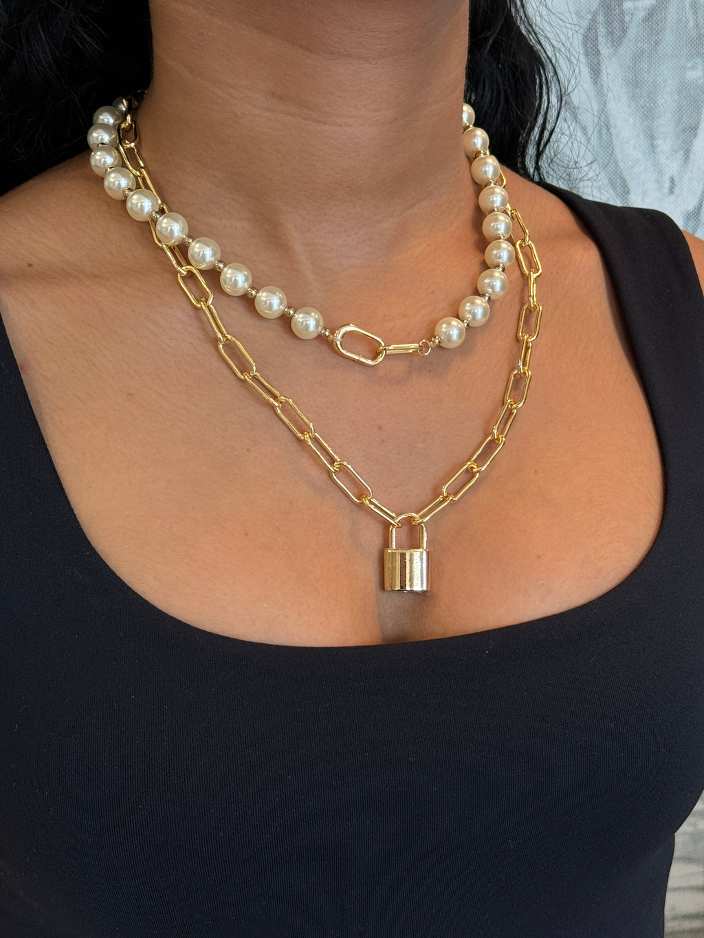 Gold Pearls & Lock Charm Necklace