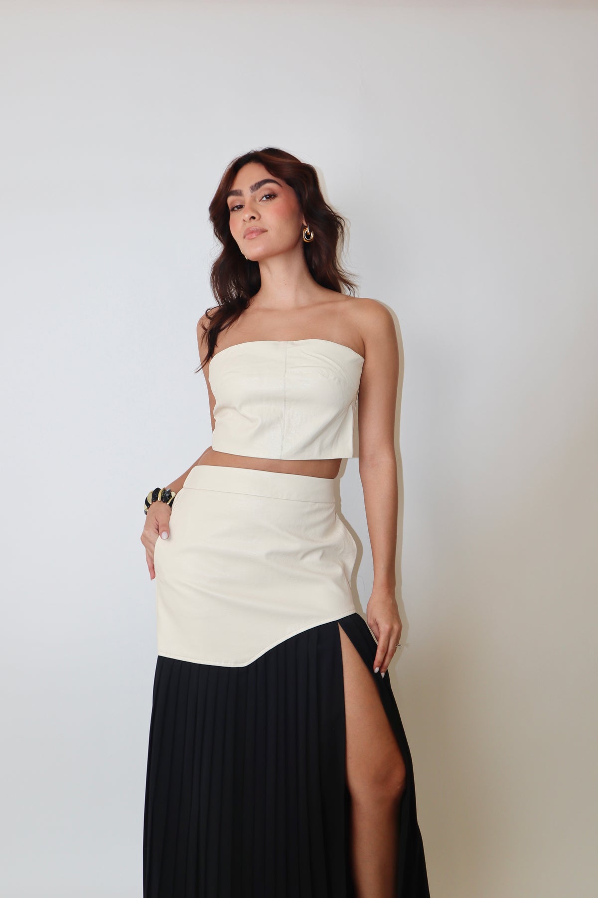 Faux Leather Top & Pleated Skirt Set