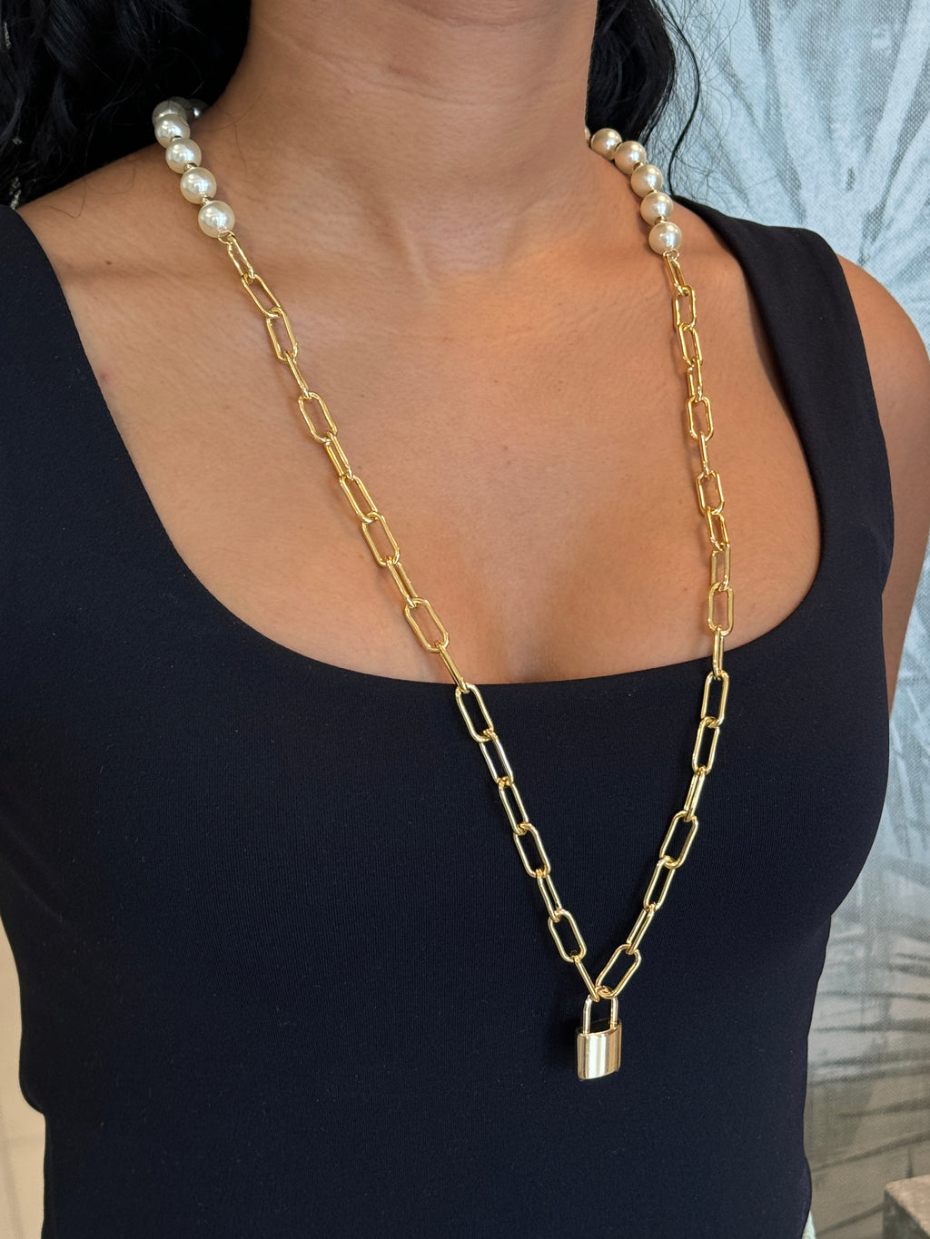 Gold Pearls & Lock Charm Necklace