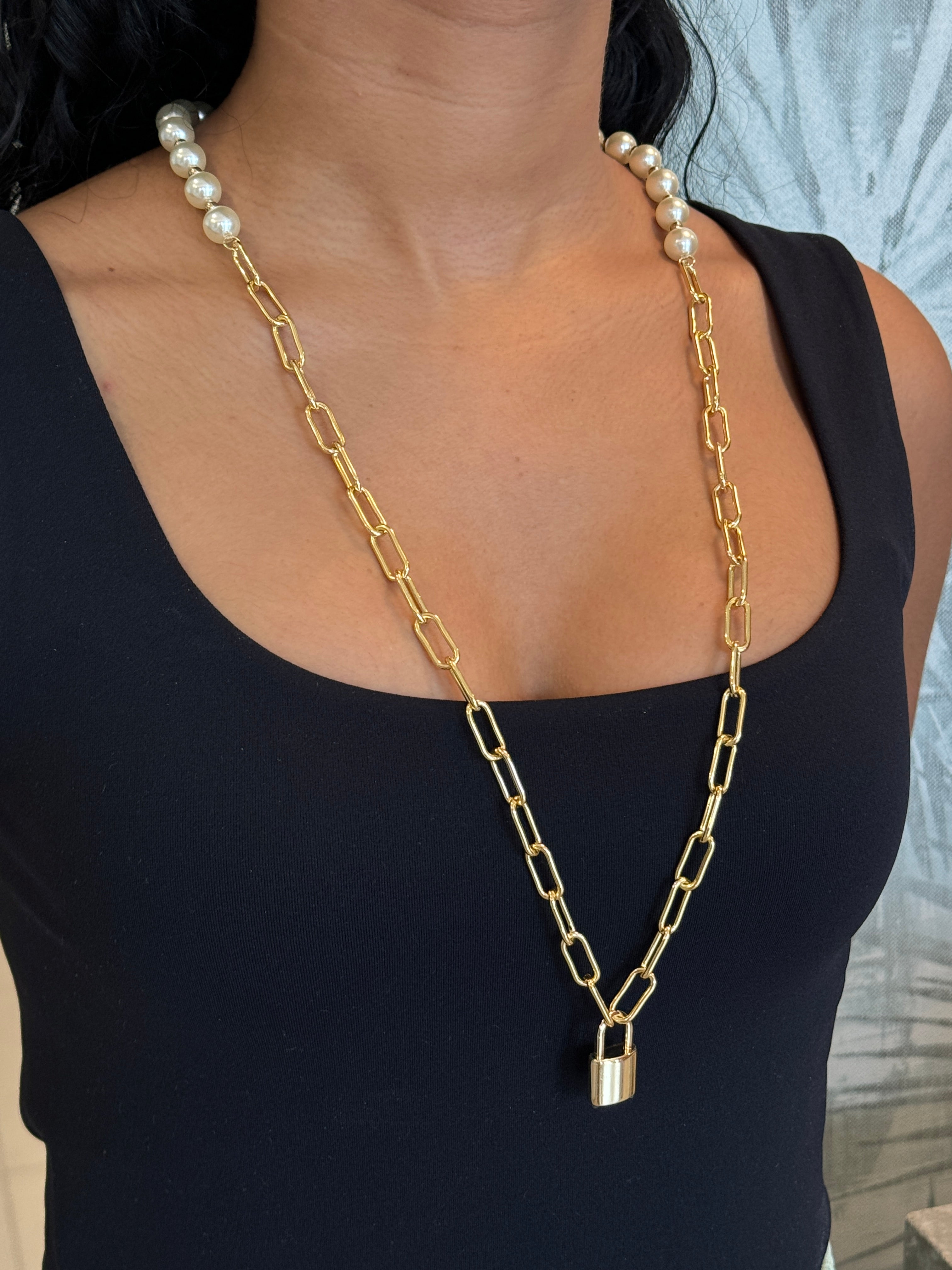 Gold Pearls & Lock Charm Necklace