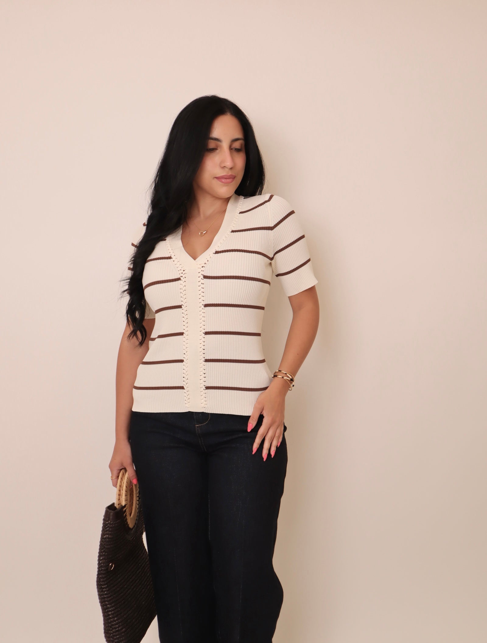 V-Neck Short Sleeve Fitted Ribbed Sweater Top
