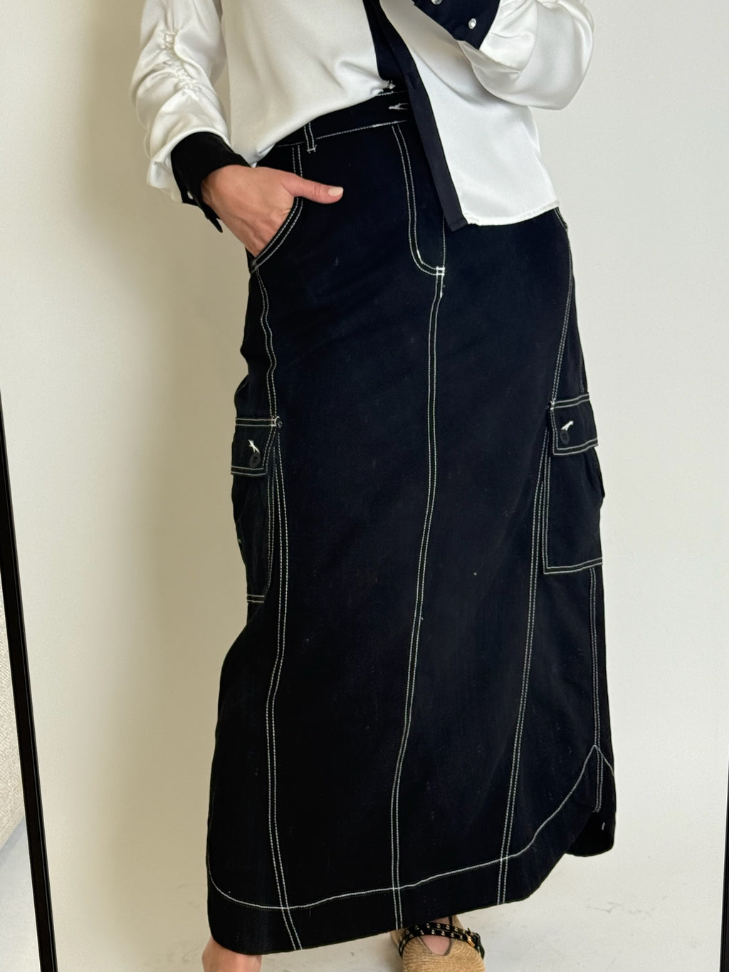 Black Cargo Denim Skirt