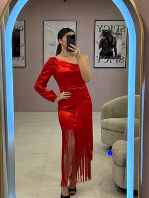 Red Fringes One Shoulder Dress