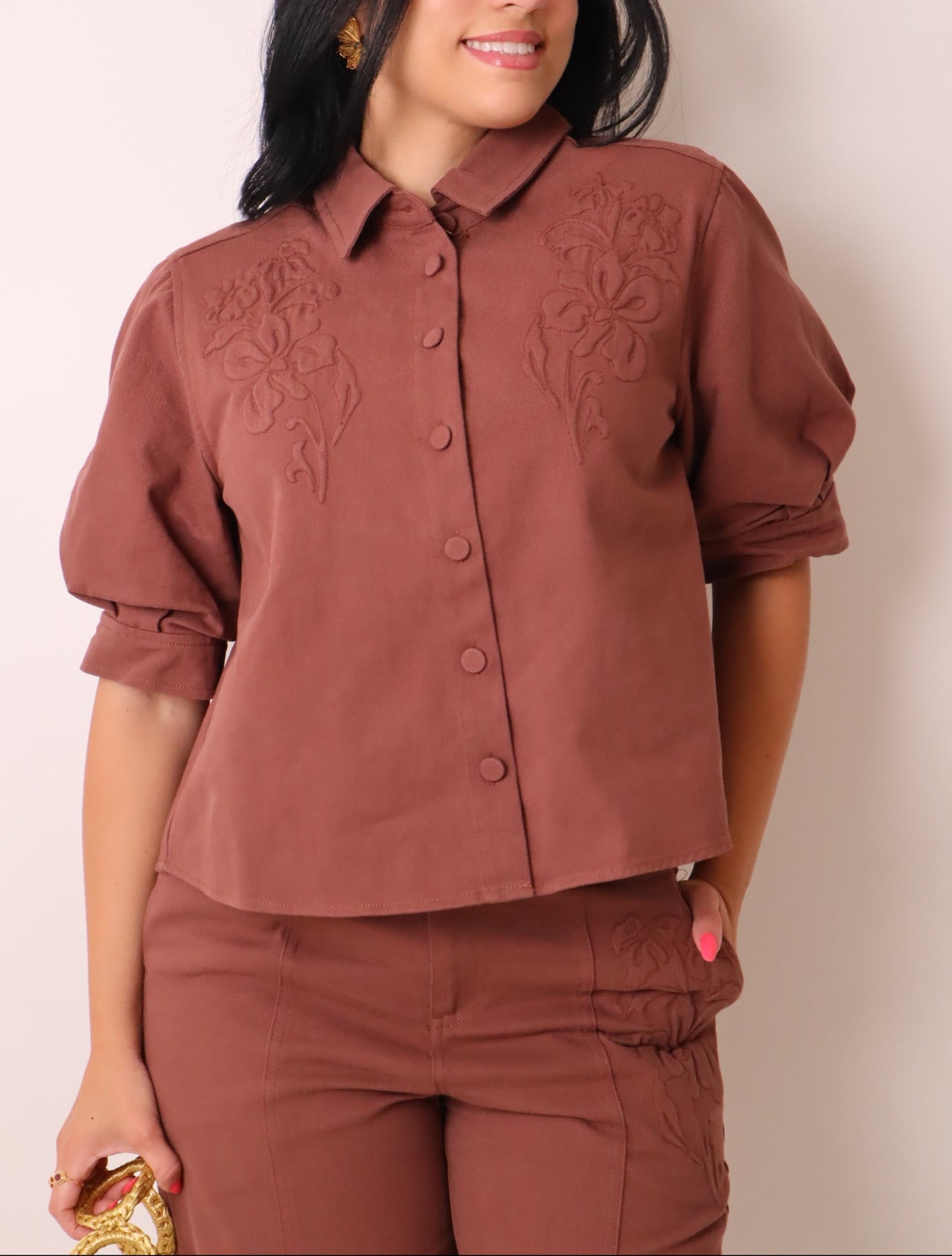 Embroidered Button Front Boxy Cropped Jacket