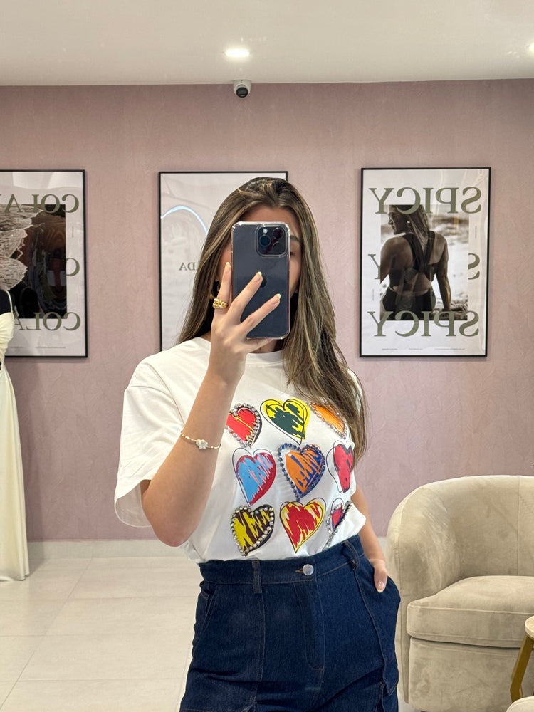 White T-Shirt Colorful Hearts