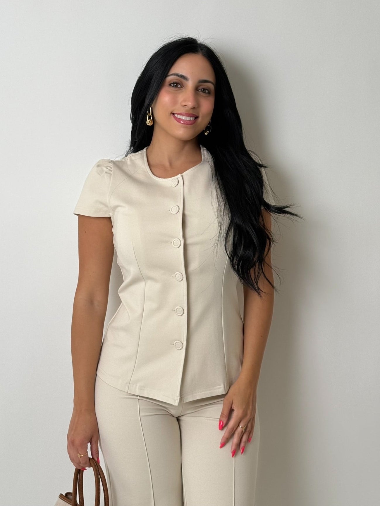 Ponte Round Neck Short Sleeve Button Up Slim Fit Top