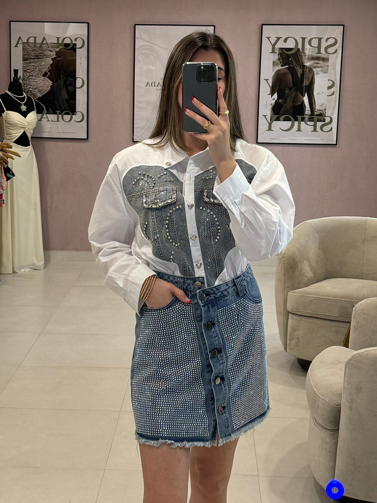 Denim Asymmetric Rhinestone Skirt