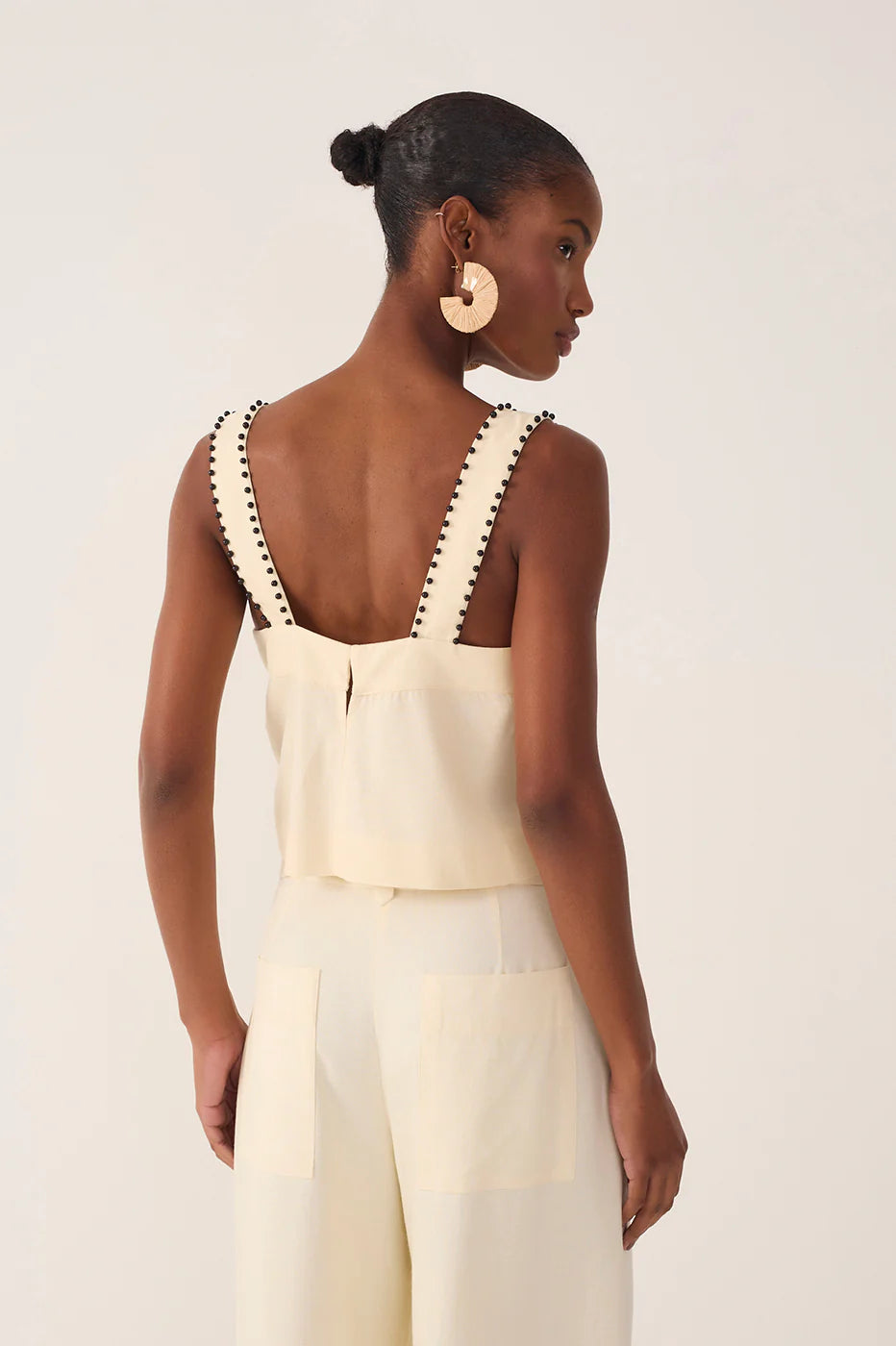 Beige Sleeveless Beading Linen Blouse